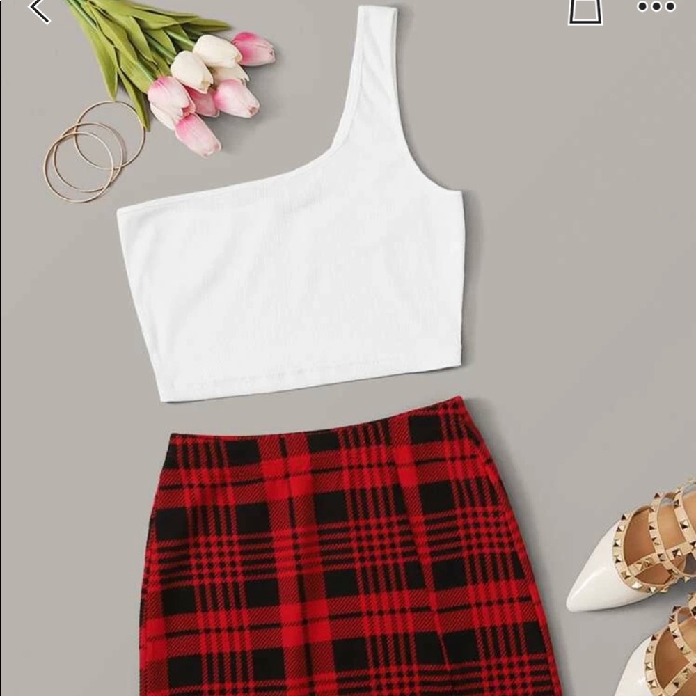 One Shoulder Crop top and Plaid Mini Skirt